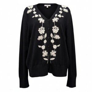 Kate Hill Black Knit Cardigan Floral Embroidered Romantic Vintage Boho Size XL